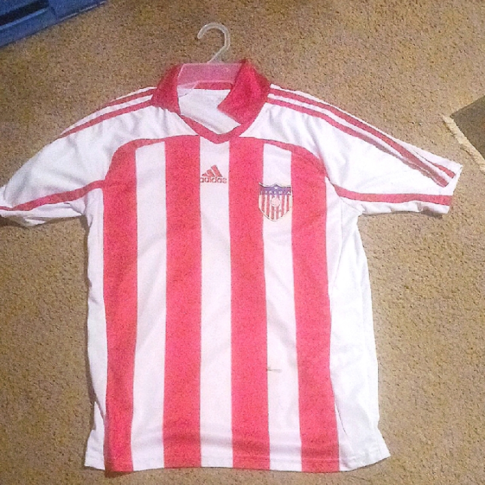 Adidas Red and White Striped Soccer Jersey